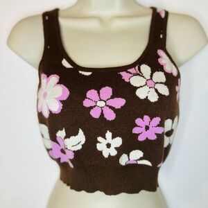 Kendall And Kylie Brown/pink  Floral Jacquard Cropped Sweater Tank Size Medium